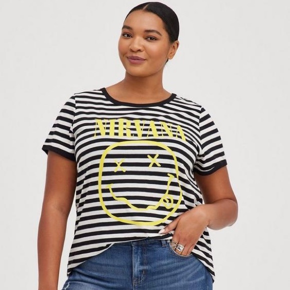 TORRID Black White Striped Yellow Nirvana Classic Fit Ringer Graphic Band Tee - Picture 1 of 11